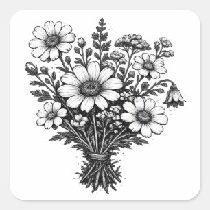 Pegatina Cuadrada Arte floral botánico linóleo de flores silvestres 