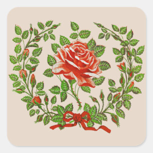 Pegatina Cuadrada Arte Floral de Bienvenida con Corona de Rosas Roja