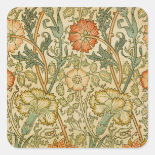 Pegatina Cuadrada Arte floral de borde de rosa rosa William Morris