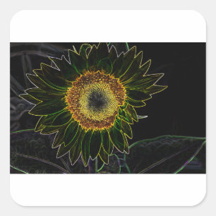 Pegatina Cuadrada Arte floral de girasol neón amarillo minimalista