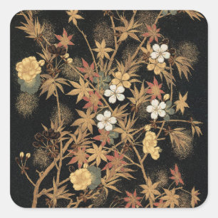 Pegatina Cuadrada Arte Floral de Otoño Vintage Japonés Negro Dorado