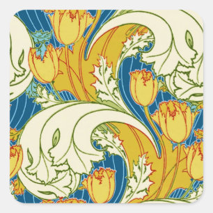 Pegatina Cuadrada Arte floral de tulipanes en estilo William Morris
