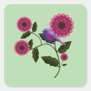 Pegatina Cuadrada Arte floral vibrante de primavera con pájaro púrpu