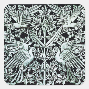 Pegatina Cuadrada Arte Floral Vintage Art Nouveau Loro Pájaro