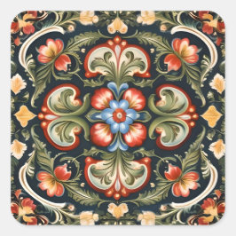 Pegatina Cuadrada Arte folclórico decorativo de Rosemaling noruego