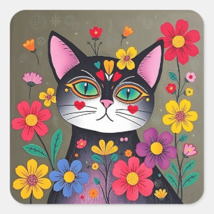 Pegatina Cuadrada Arte folclórico lindo gato negro y flores