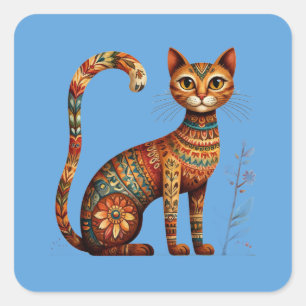 Pegatina Cuadrada Arte Folclórico Lindo Gato Tribal Boho con Flores