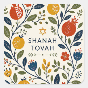 Pegatina Cuadrada Arte Folclórico Moderno Botánico Shana Tovah