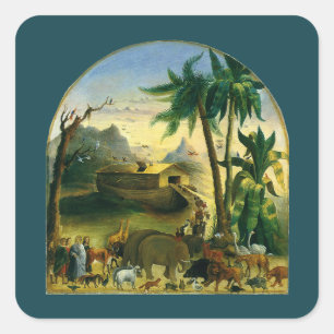 Pegatina Cuadrada Arte Folclórico Victoriano Antiguo, Arca de Noé de