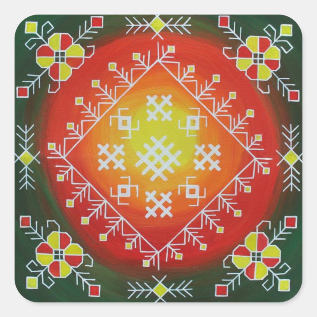 Pegatina Cuadrada Arte folklórico tradicional de Letonia con símbolo (Anverso)