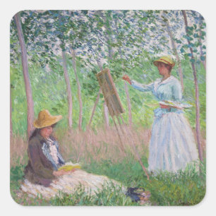 Pegatina Cuadrada Arte forestal vintage de Monet con luz solar motea