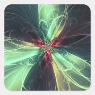 Pegatina Cuadrada Arte fractal de energía de plasma esmeralda