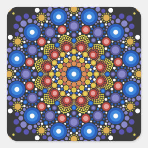 Pegatina Cuadrada Arte Fractal Floral Dotado Retro Mandala