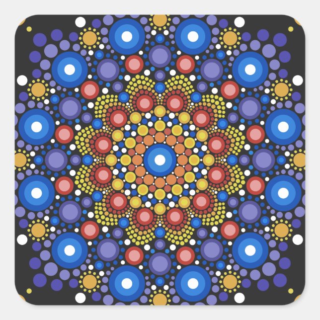 Pegatina Cuadrada Arte Fractal Floral Dotado Retro Mandala (Anverso)
