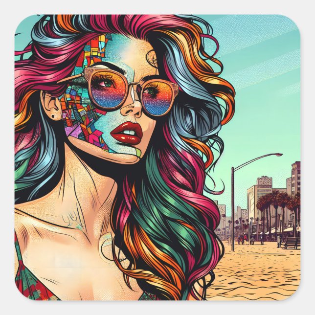 Pegatina Cuadrada Arte fracturado | Mujer abstracta en la playa (Anverso)