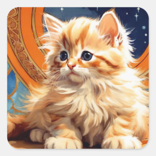 Pegatina Cuadrada Arte Gato Naranja Art Nouveau de Alphonse Mucha
