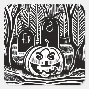 Pegatina Cuadrada Arte Genial de Halloween de Calabaza Negra y Blanc