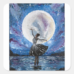 Pegatina Cuadrada Arte hecho a mano: bailando con la luna