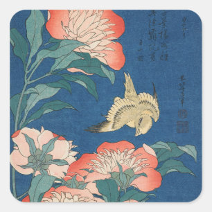 Pegatina Cuadrada Arte japonés de Hokusai Peonías y Canario