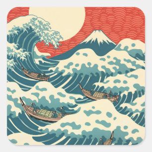 Pegatina Cuadrada Arte japonés retro de la gran ola de Hokusai