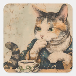Pegatina Cuadrada Arte japonés vintage lindo gato con una taza de té