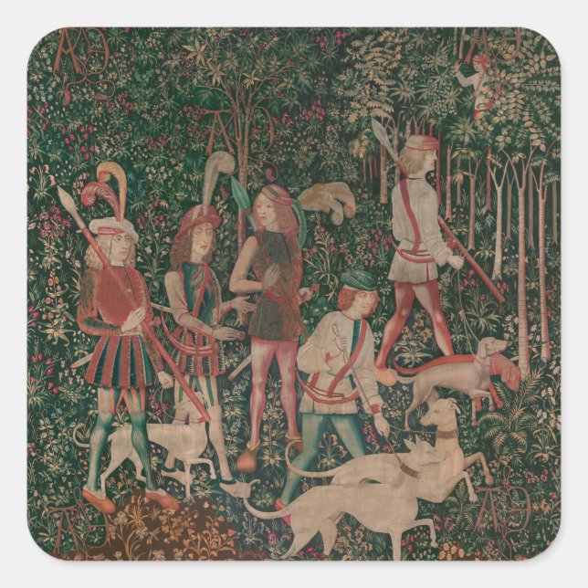 Pegatina Cuadrada Arte medieval de la caza de unicornio - Comienza l (Anverso)