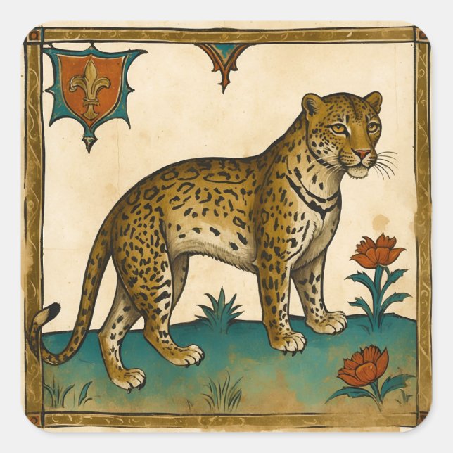 Pegatina Cuadrada Arte medieval de Leopard con flores rojas (Anverso)