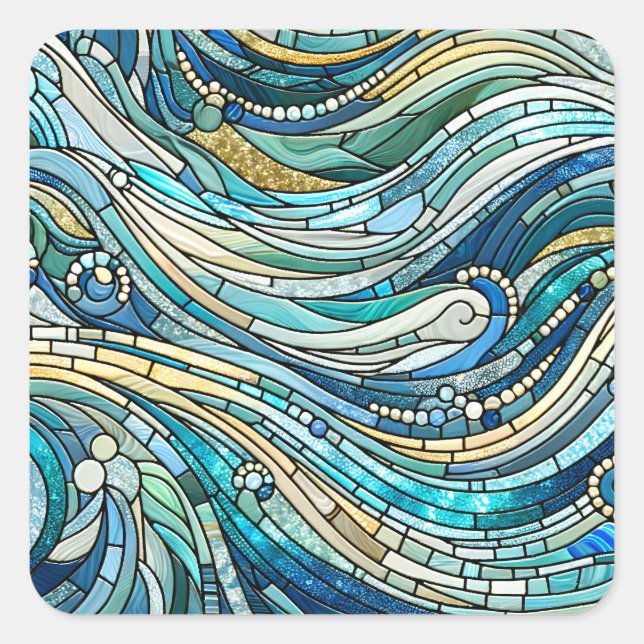 Pegatina Cuadrada Arte Mosaico Verde Turquesa de Mar de Olas (Anverso)