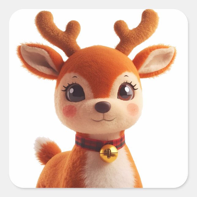 Pegatina Cuadrada Arte Navideño Retro de Reno de Peluche (Anverso)