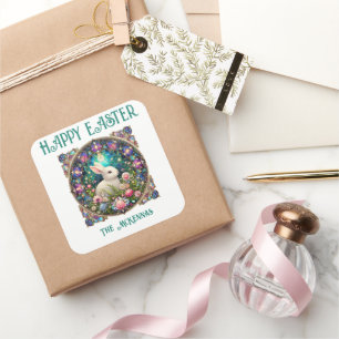 Pegatina Cuadrada Arte Nuevo Vidrio Emplomado Conejo Pascua Floral