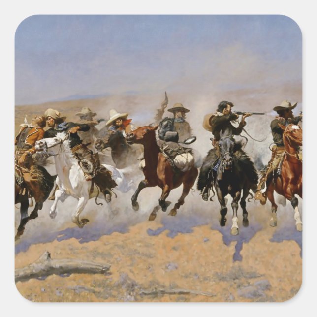 Pegatina Cuadrada Arte occidental de Frederic Remington “Carrera hac (Anverso)