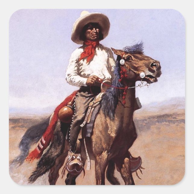 Pegatina Cuadrada Arte occidental de Frederic Remington "Un explorad (Anverso)