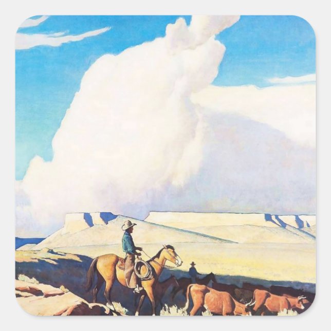 Pegatina Cuadrada Arte occidental de "Open Range" por Maynard Dixon (Anverso)