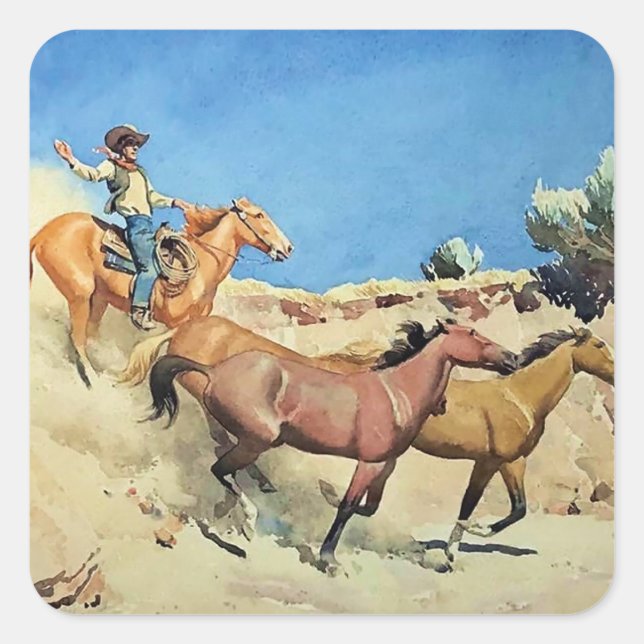 Pegatina Cuadrada Arte occidental “Saddle Stock” de Maynard Dixon (Anverso)