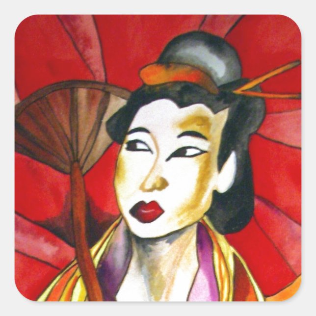 Pegatina Cuadrada Arte original japonés Geisha, pintura acuarela (Anverso)