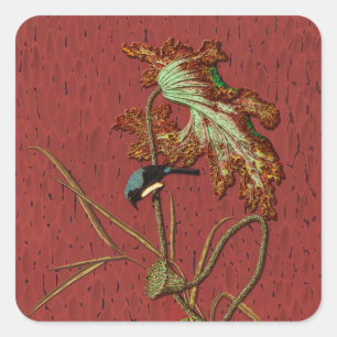 Pegatina Cuadrada Arte ornamental de Pájaros y Plantas Janpanesas
