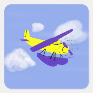 Pegatina Cuadrada Arte Personalizado amarillo y azul de avión