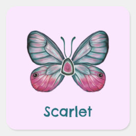 Pegatina Cuadrada Arte personalizado de mariposa de cristal rosado d