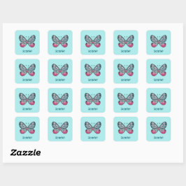 Pegatina Cuadrada Arte personalizado de mariposa Verde azulada en oc
