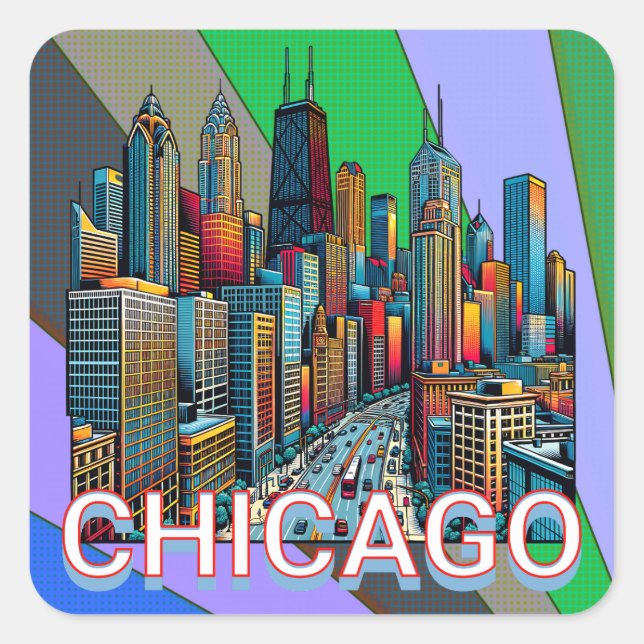 Pegatina Cuadrada Arte pop Comic Book Style Chicago Illinois (Anverso)