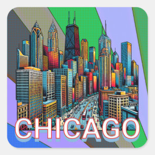 Pegatina Cuadrada Arte pop Comic Book Style Chicago Illinois