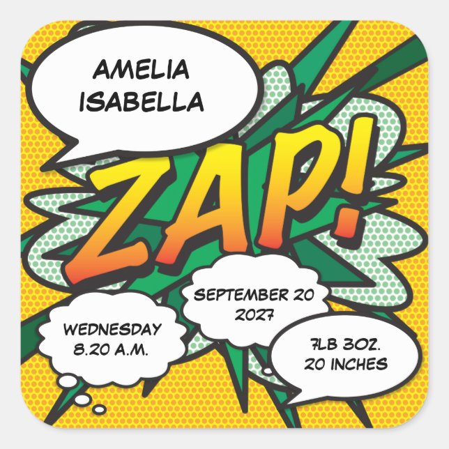 Pegatina Cuadrada Arte Pop de Cómic Estadísticas de Nacimiento Perso (Anverso)