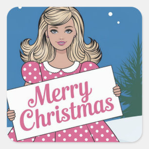 Pegatina Cuadrada Arte pop rosa Feliz Navidad retro chica