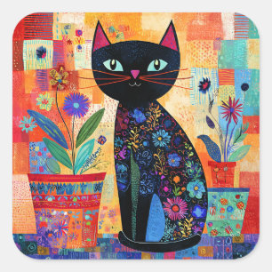 Pegatina Cuadrada Arte popular de gato negro
