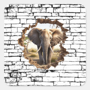 Pegatina Cuadrada Arte por ruptura de pared de elefante 3D - Safari