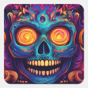 Pegatina Cuadrada Arte psicodélico de la calavera azucarera - Día de