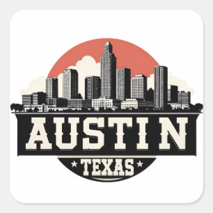Pegatina Cuadrada Arte Retro de la silueta de Austin Ciudad Texas en