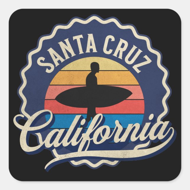 Pegatina Cuadrada Arte Retro Surfing de Santa Cruz (Anverso)