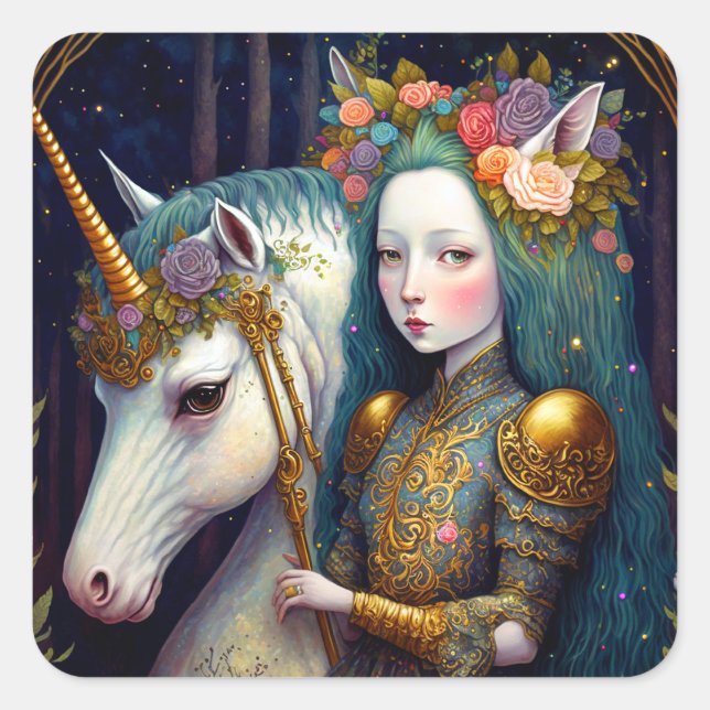 Pegatina Cuadrada Arte Unicornio y Lady Fantasy (Anverso)