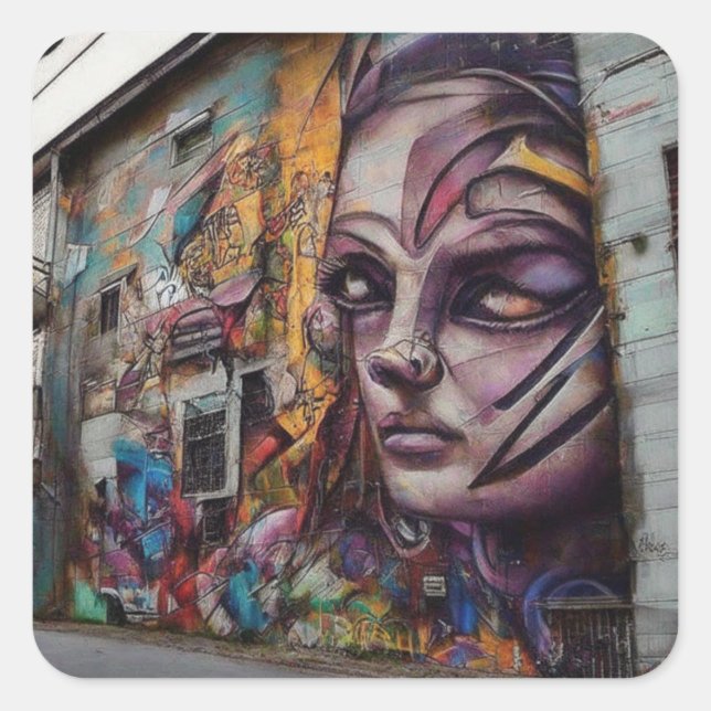 Pegatina Cuadrada Arte urbano en edificios abandonados (Anverso)